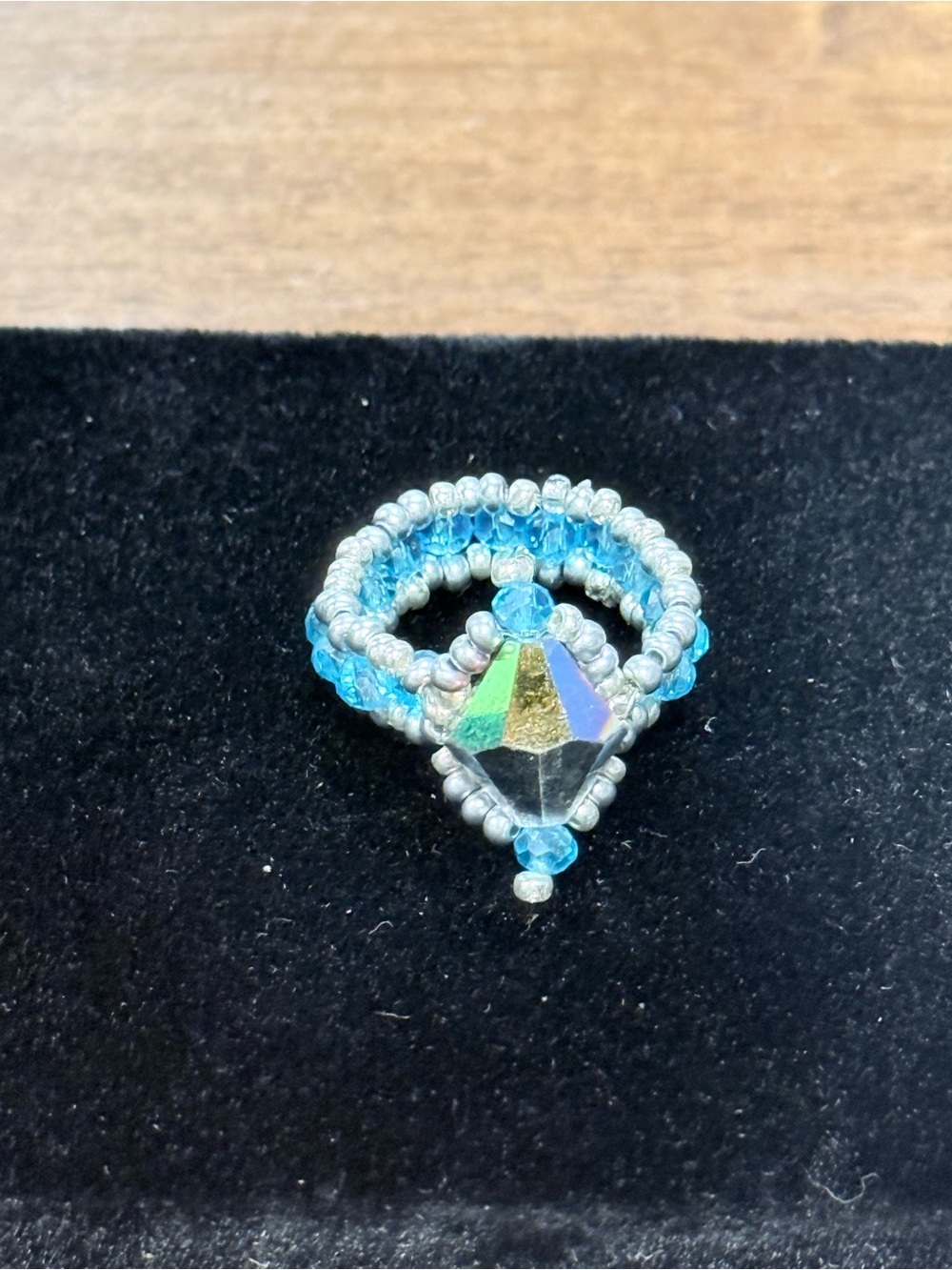 Blue Beaded Crystal Statement Ring